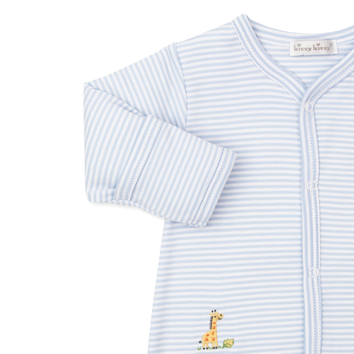 Closeup of a baby boy footed sleeper in blue stripe with embroidered safari animals and a Kissy Kissy brand label
