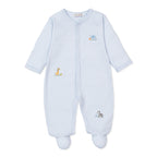 Baby boy footed sleeper in blue stripe with embroidered safari animals and a Kissy Kissy brand label