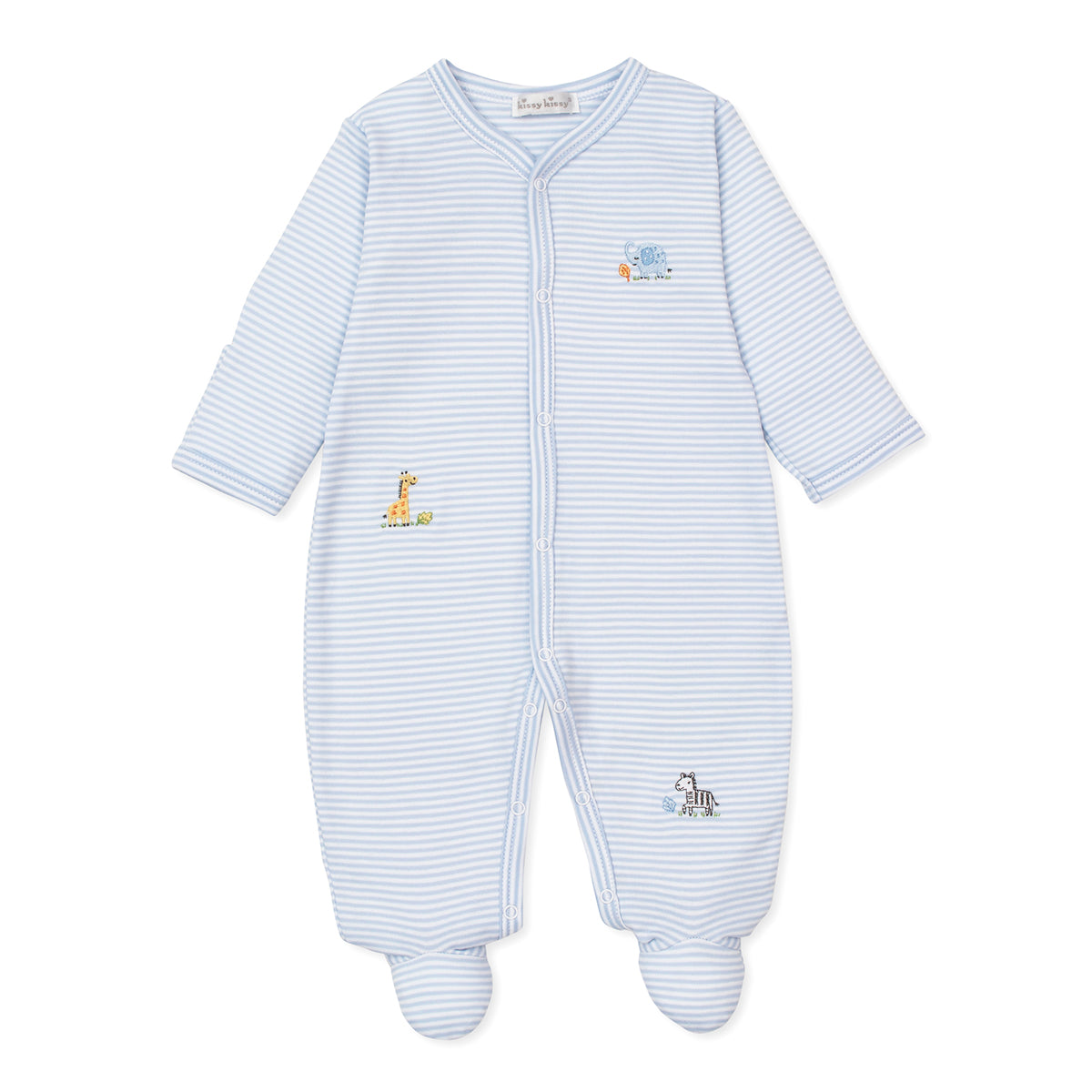 Baby boy footed sleeper in blue stripe with embroidered safari animals and a Kissy Kissy brand label