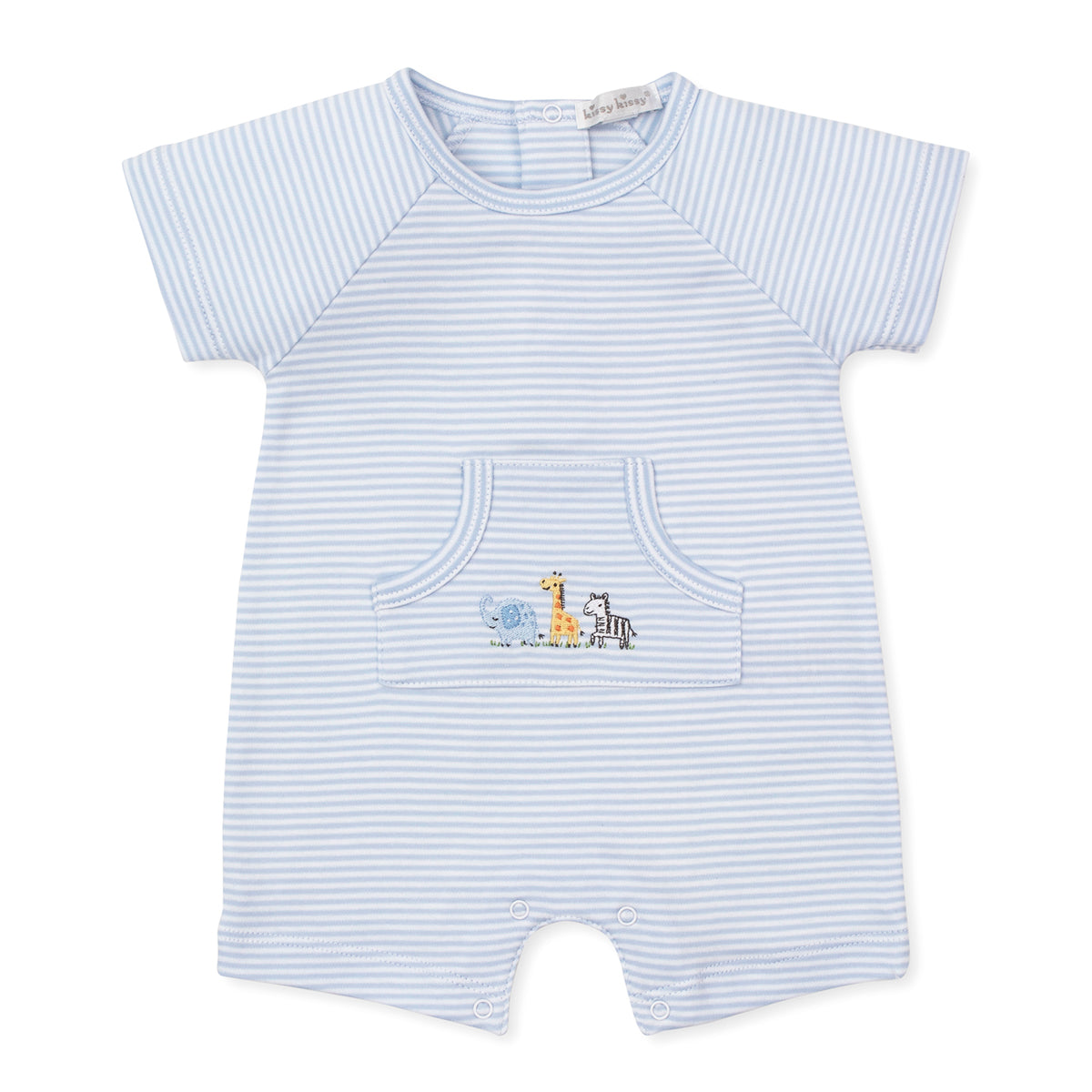Baby boy short romper in blue and white stripe with embroidered safari animals and a Kissy Kissy brand label