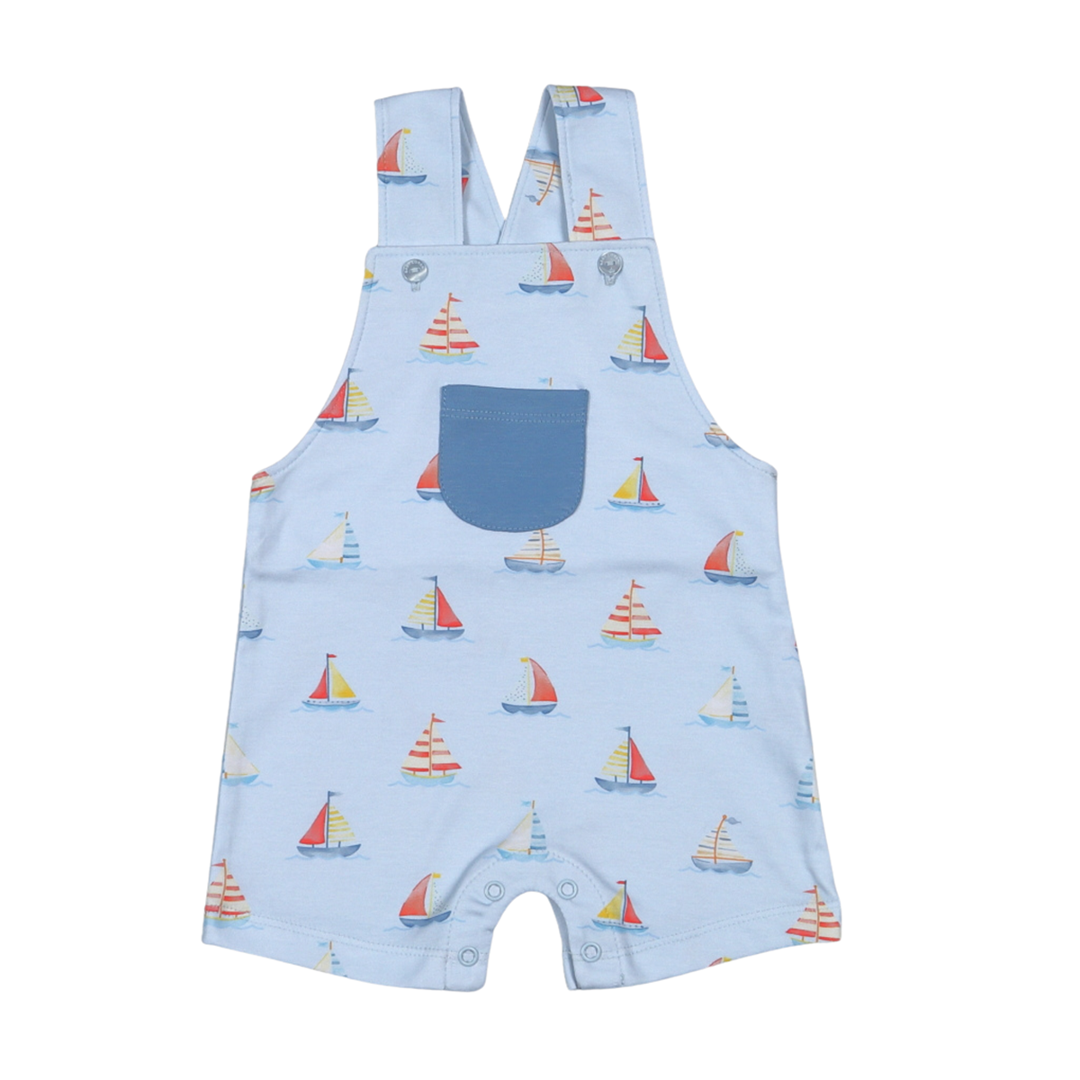 Boys light blue Pima cotton short overall with a sailboat print design and blue pocket on the chest.