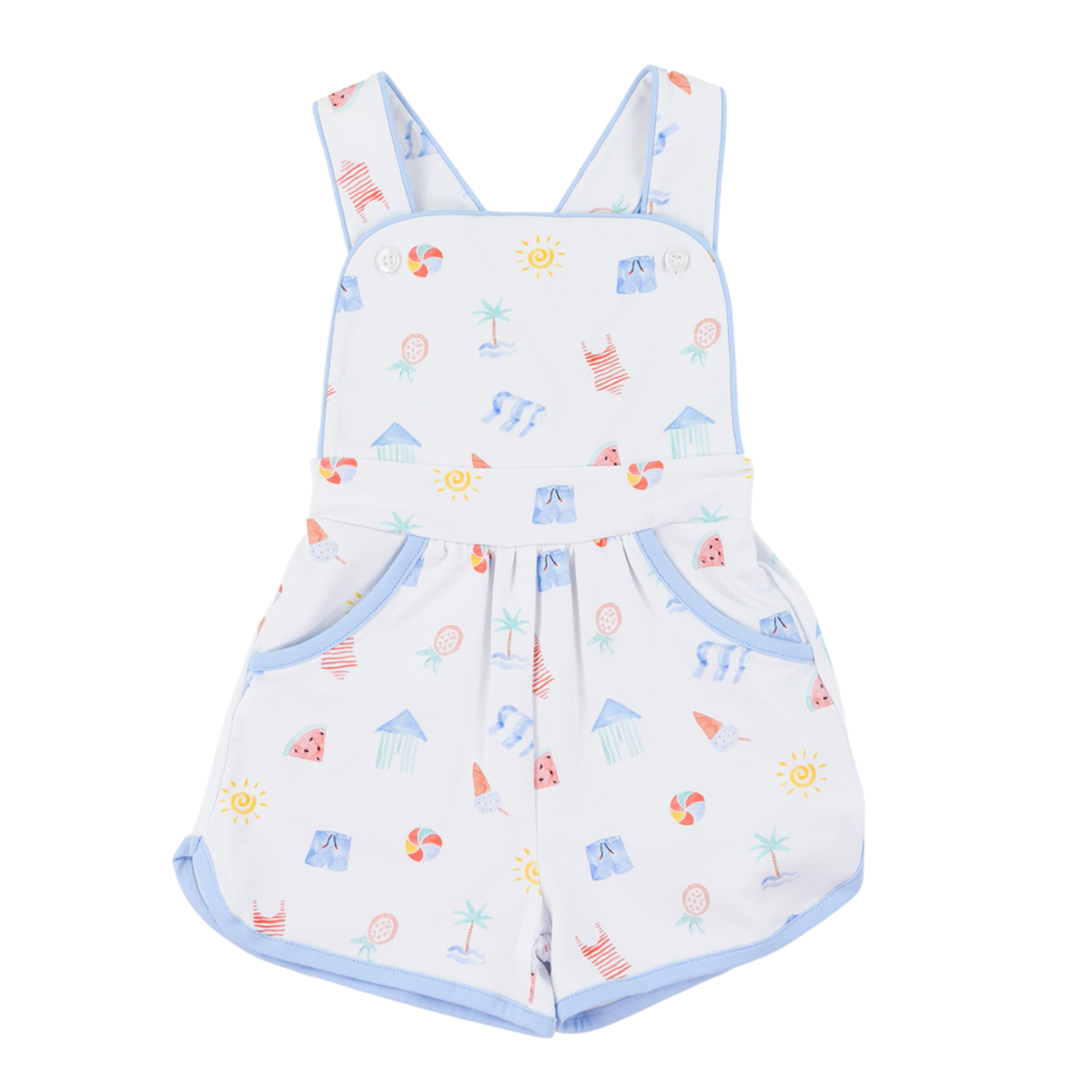 Girls summer overall romper with a watercolor beach icons print design and blue trim.