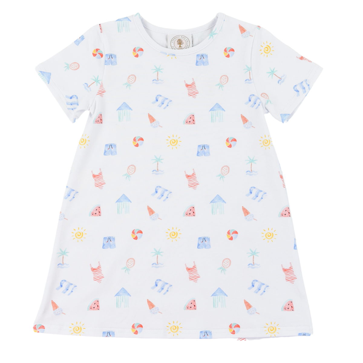 Girls short sleeve knit dress with a watercolor beach icons print design.