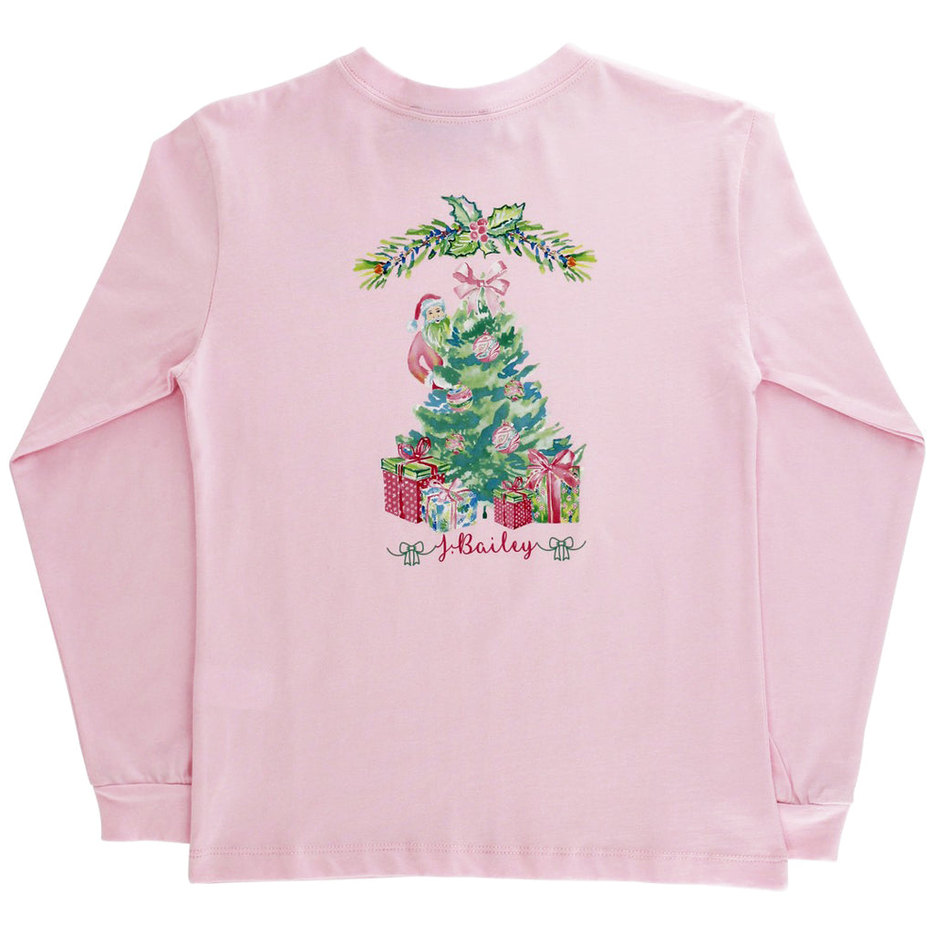 Pink long-sleeve J. Bailey girl's t-shirt with a Christmas tree, Santa and gifts design