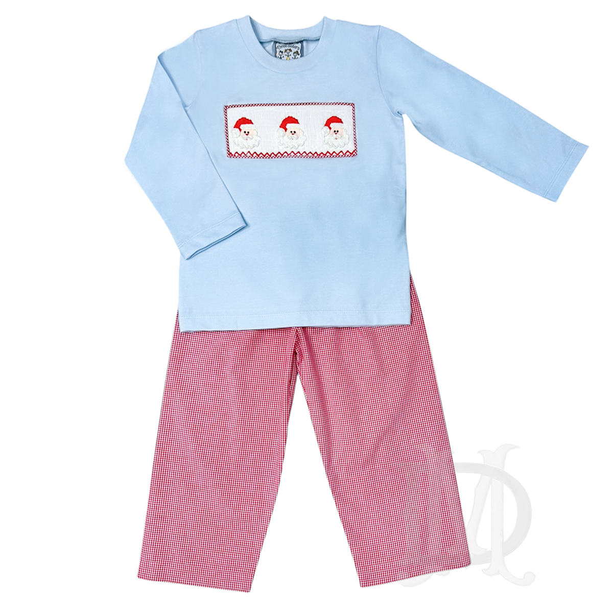 Boy's light blue Christmas pant set with blue shirt, smocked Santa Claus faces, and red check pants.