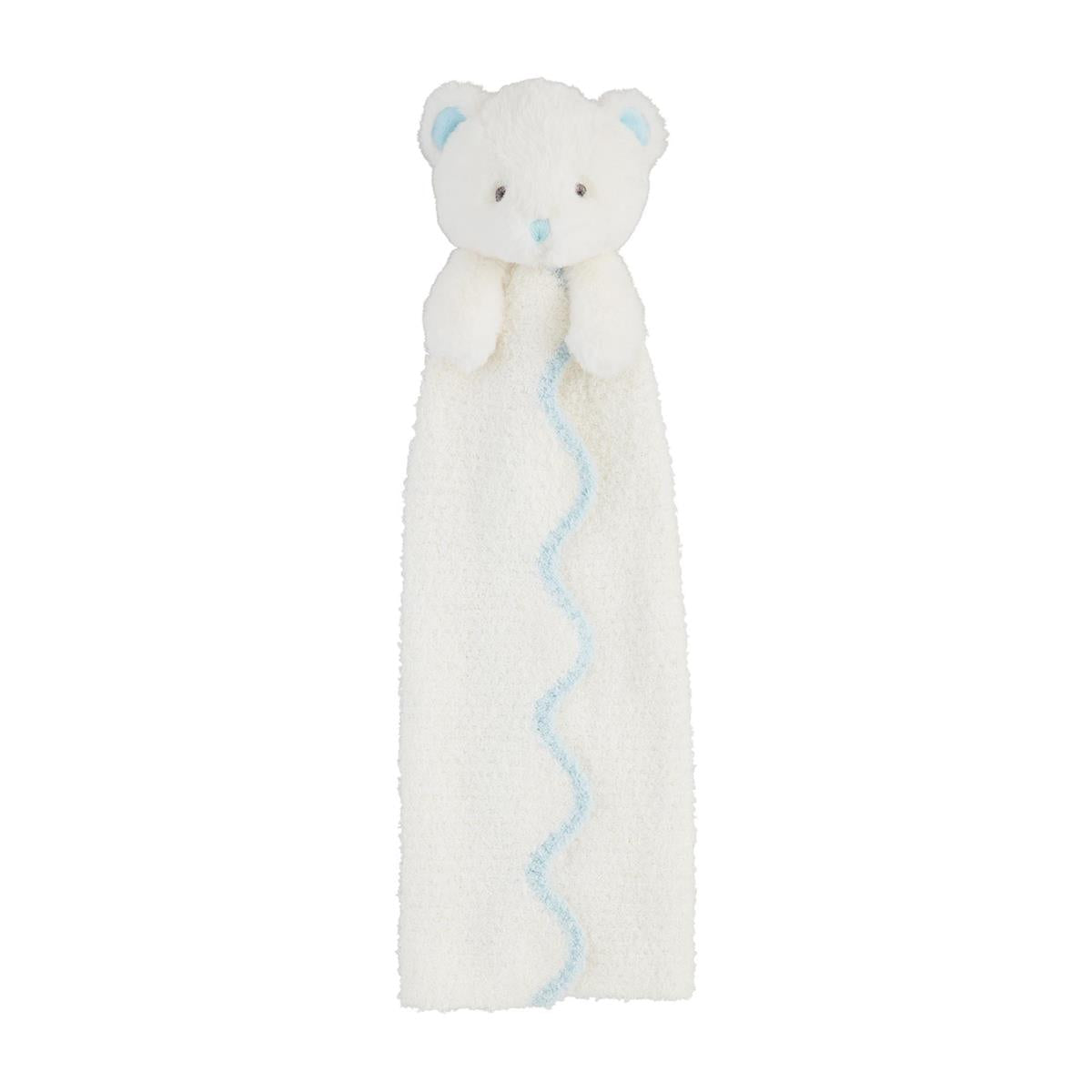 White chenille teddy bear attached to a blue trimmed baby lovey blanket
