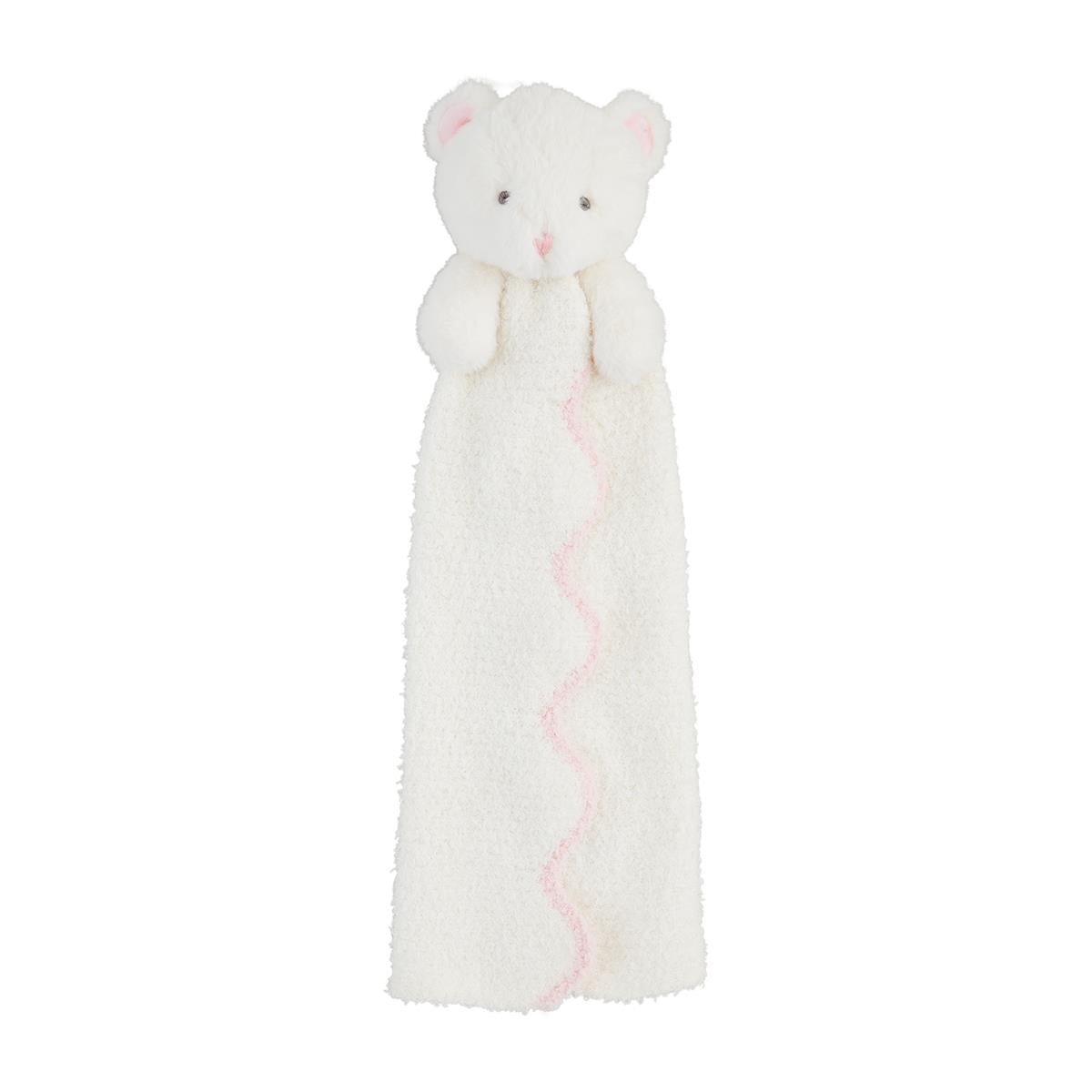 White chenille teddy bear with pink trimmed lovey baby blanket 
