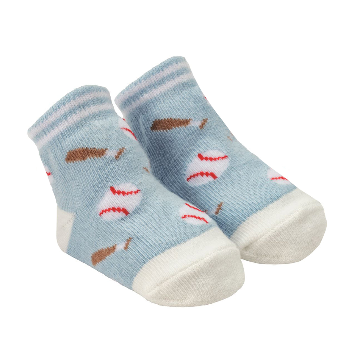 Pair of light blue baby boy socks with baseball and baseball bat designs.