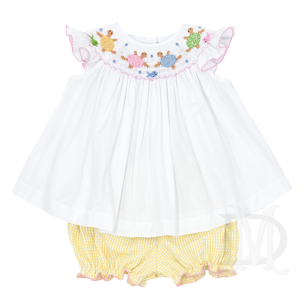 Yellow gingham seersucker girls summer bloomer set with pastel sea turtles smocked design on a white top with pink trim and flutter sleeves.