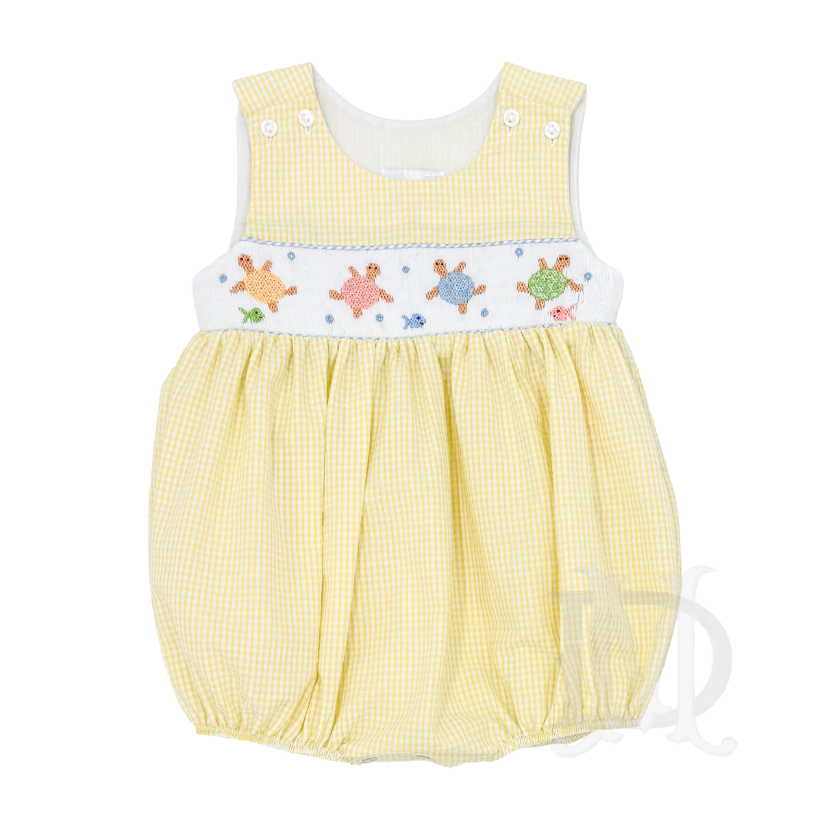 Yellow gingham seersucker baby boy summer sun bubble with pastel sea turtles  smocked design.