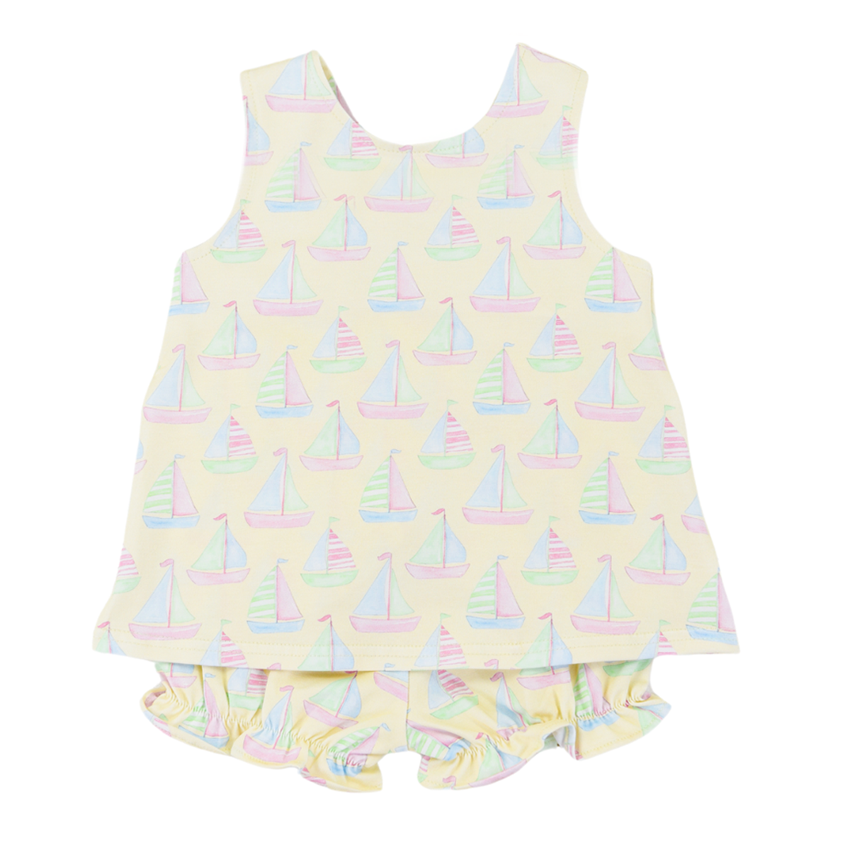 Girls pale yellow summer bloomer set with a pastel sailboats print design.