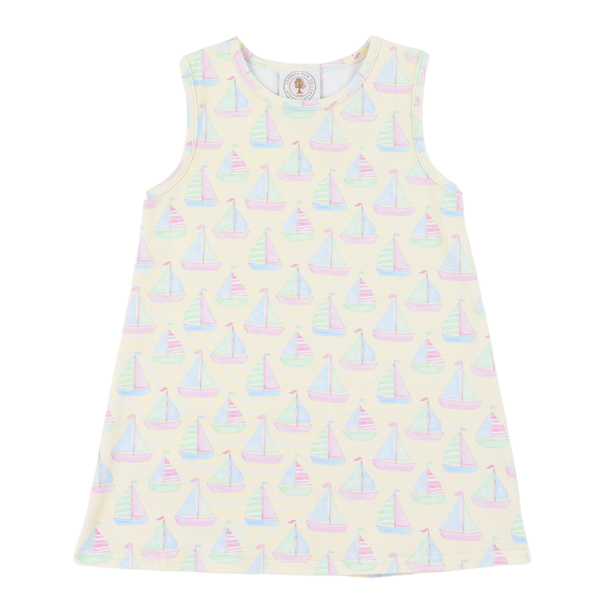 Girls pale yellow sleeveless knit summer dress with a pastel sailboats print design.