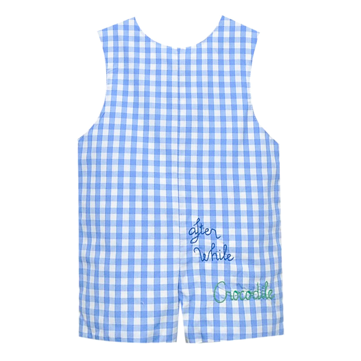 The back of a baby boy blue check jon-jon embroidered with After While Crocodile.