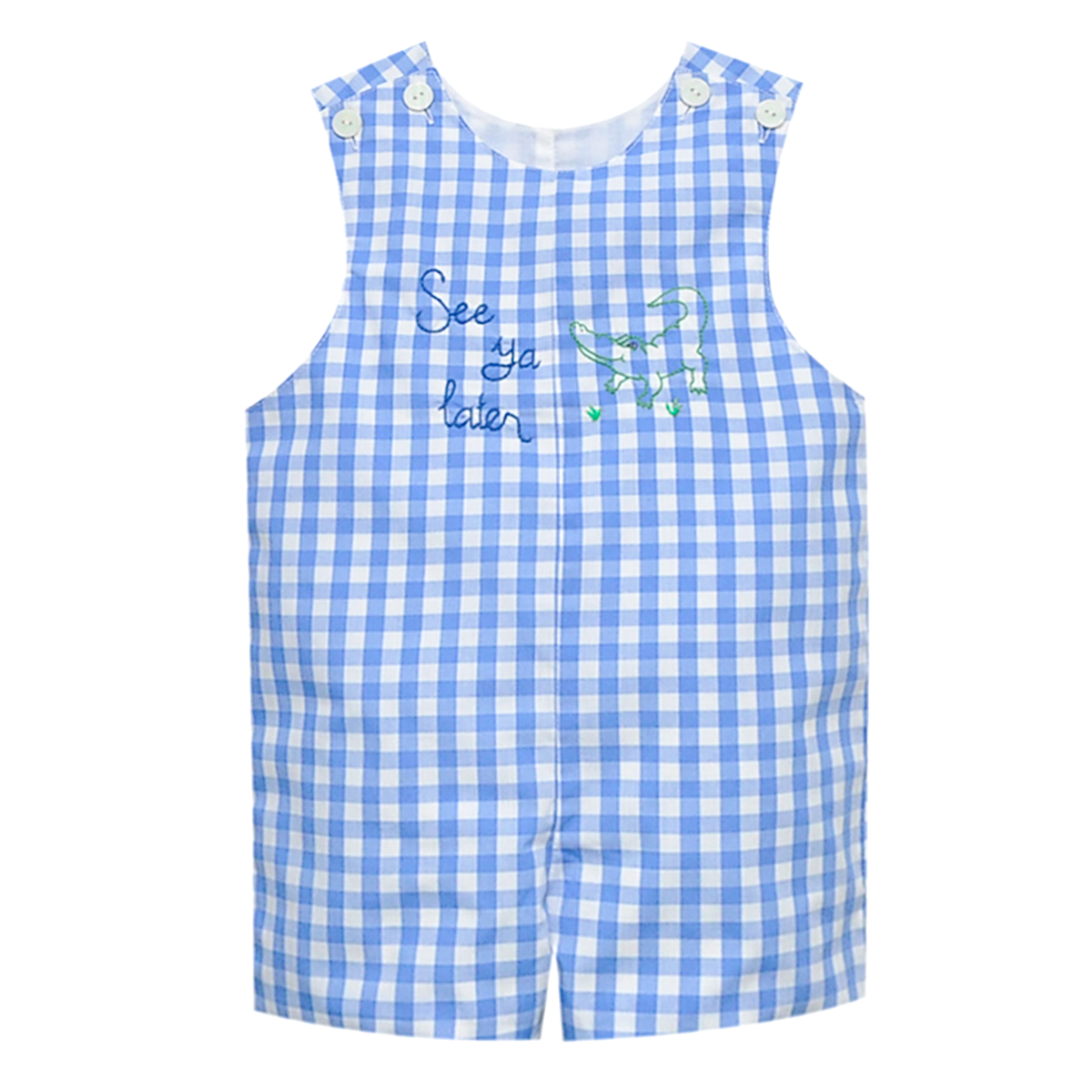 Baby boy blue check jon-jon embroidered with See Ya Later and an alligator.