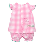 The back view of a baby girl pink bloomer set outfit embroidered with "after while crocodile".