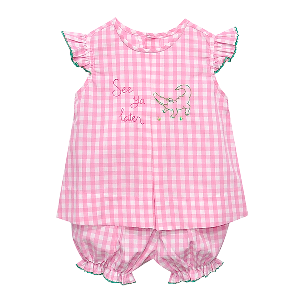 Baby girl pink embroidered bloomer set embroidered with See Ya Later and an alligator.