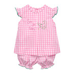 Baby girl pink embroidered bloomer set embroidered with See Ya Later and an alligator.