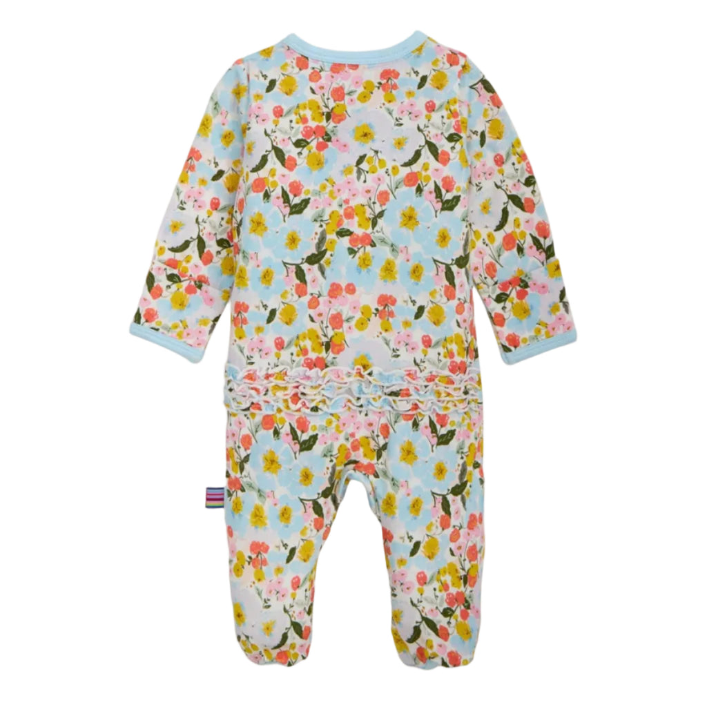 Magnetic Me Seraphina vintage floral patterned baby footed sleeper with a ruffles on the backside.