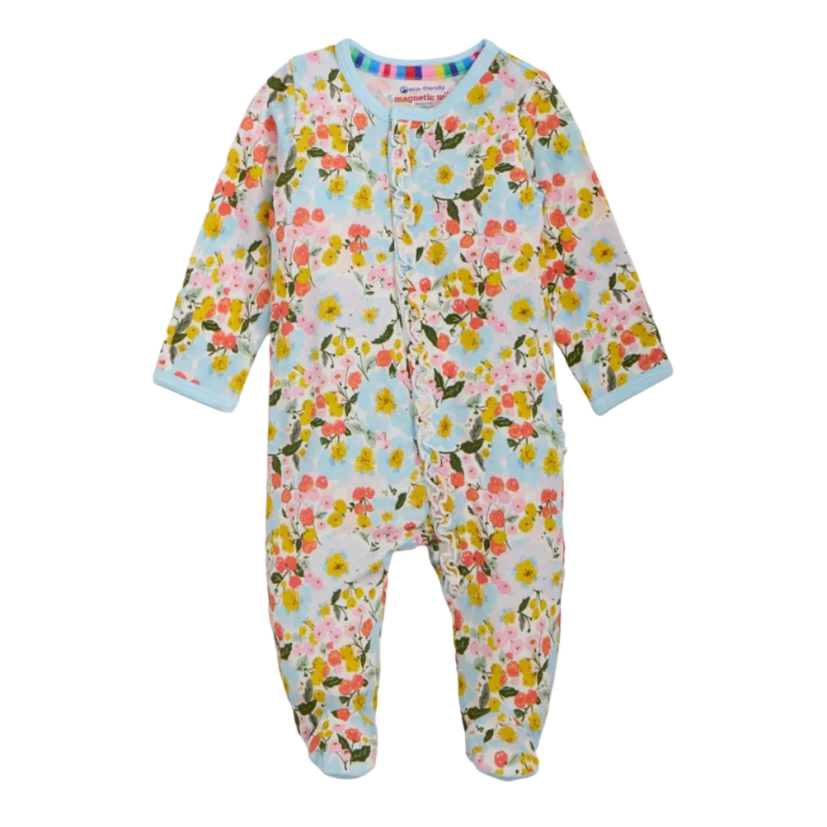 Magnetic Me Seraphina vintage floral patterned baby footed sleeper with a ruffle down the front.