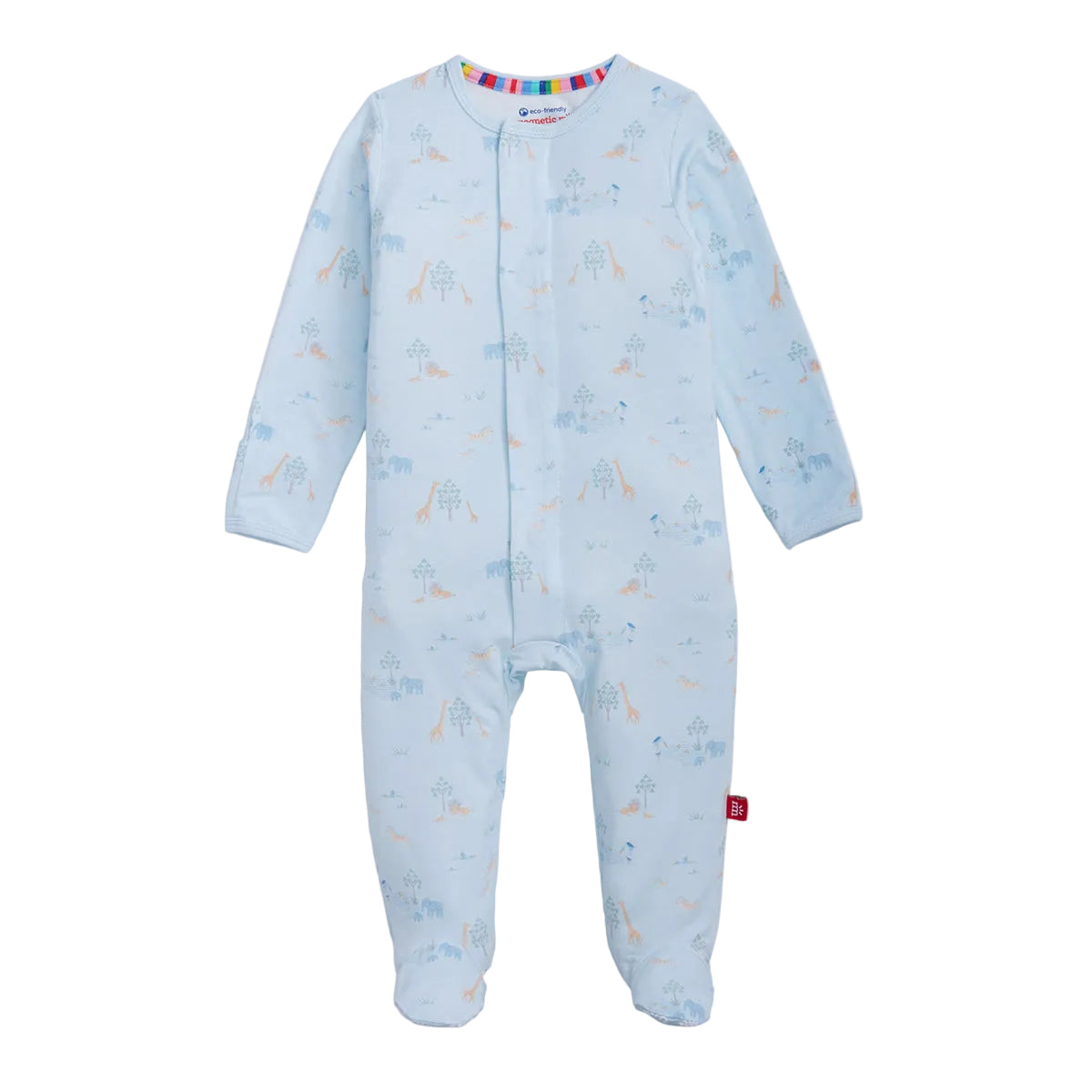 Light blue baby onesie with subtle safari animal print