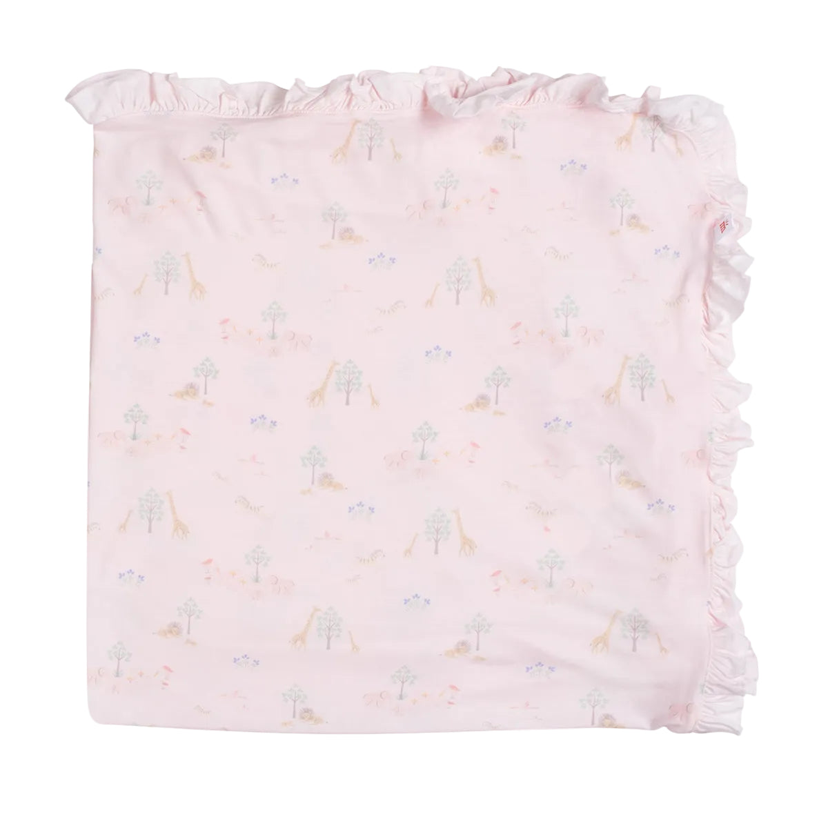 Pink ruffled baby blanket with subtle safari animals print.