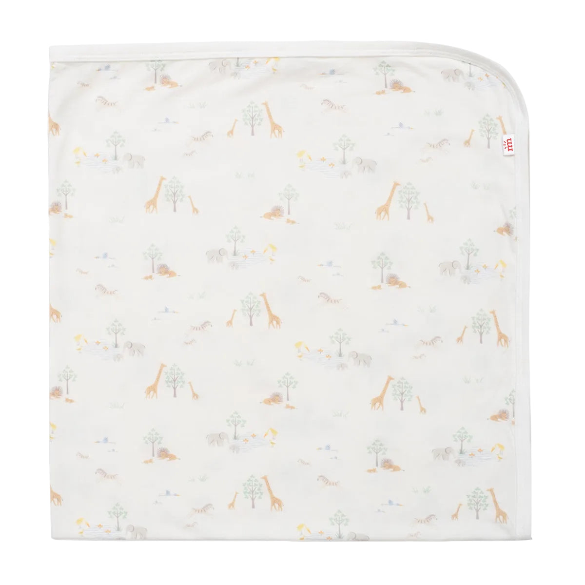 White receiving blanket for baby with a subtle unisex safari animal print.