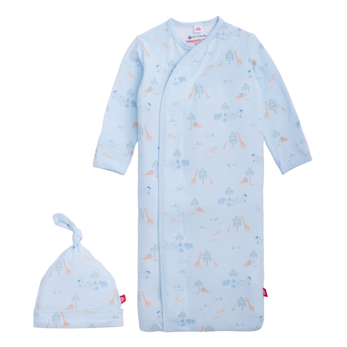Serene Safari animal print newborn gown and knotted hat on a blue background with a Magnetic Me tagless label