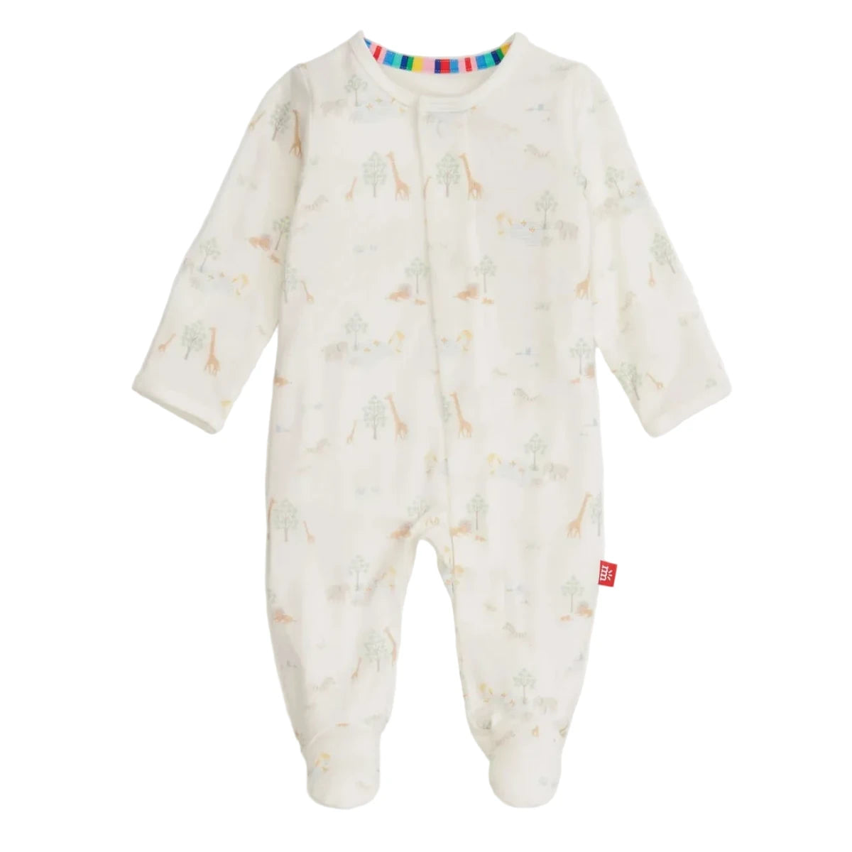 Baby footie in soft white with a safari animals print, magnetic closures on the front, and a Magnetic Me tag.