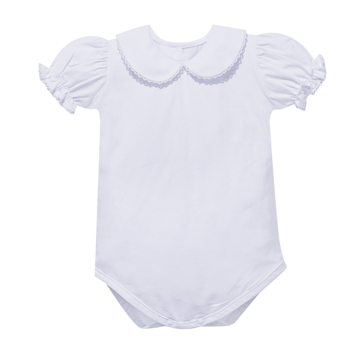 White baby girl bodysuit with shortsleeves, a round collar, and picot trim