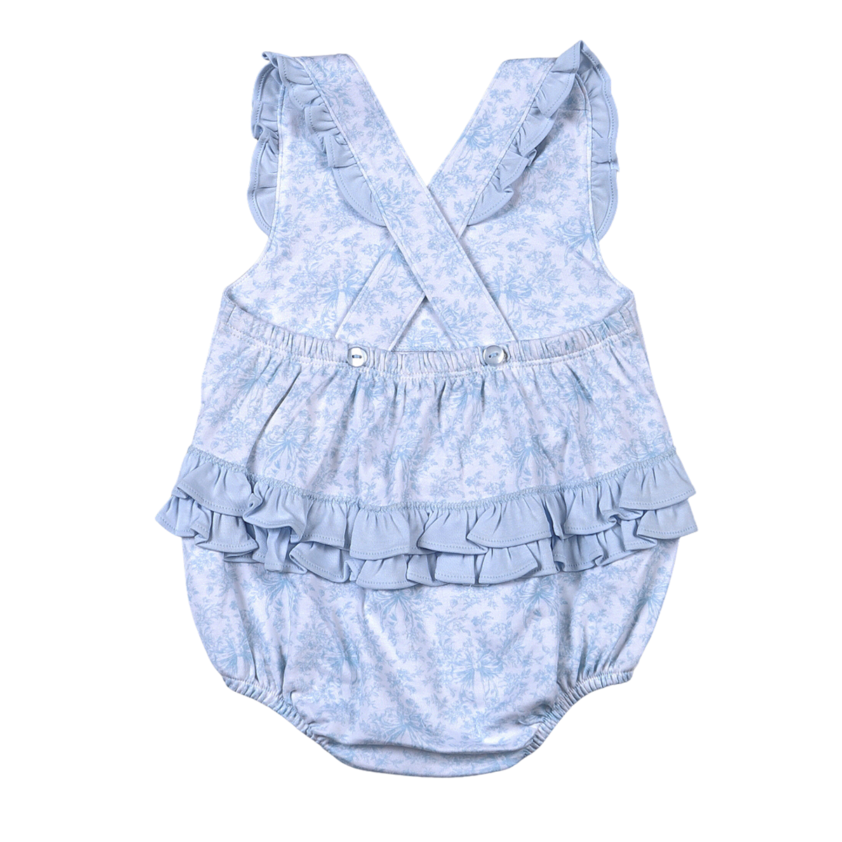Baby girl blue toile pima cotton sunsuit with ruffle back and cross straps