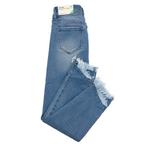 Light blue denim jeans with a raw, frayed hem, folded diagonally on a white background.