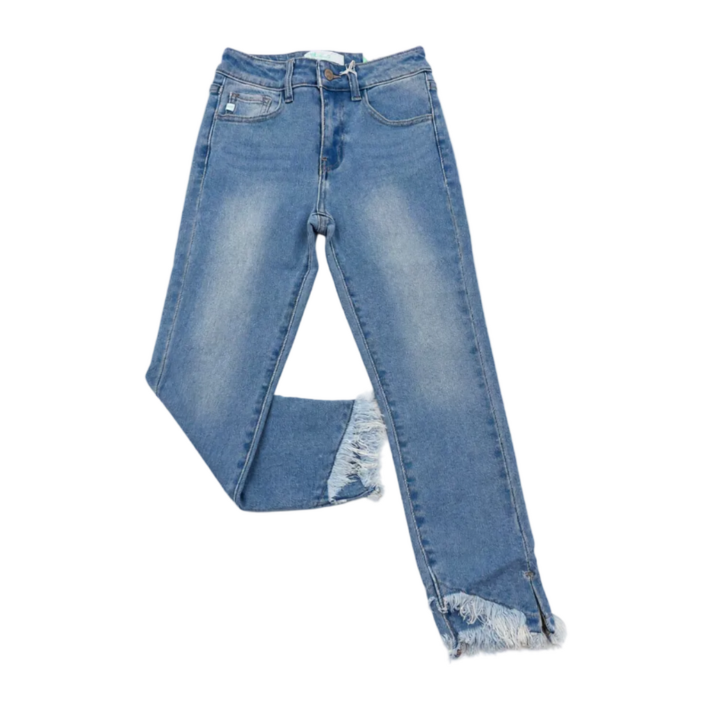 Light blue denim jeans with a raw, frayed hem, shown flat against a white background.