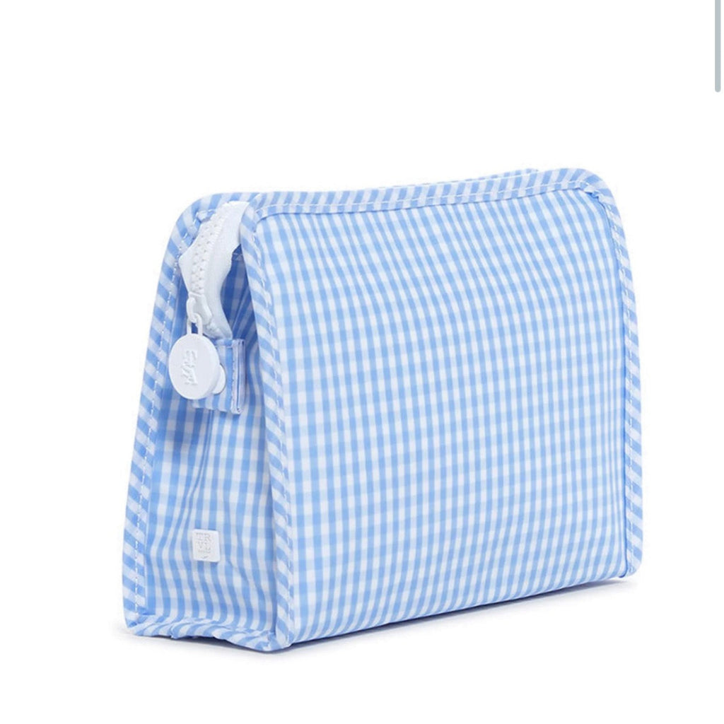 A light blue and white gingham check cosmetic pouch travel bag with a white zipper pull.