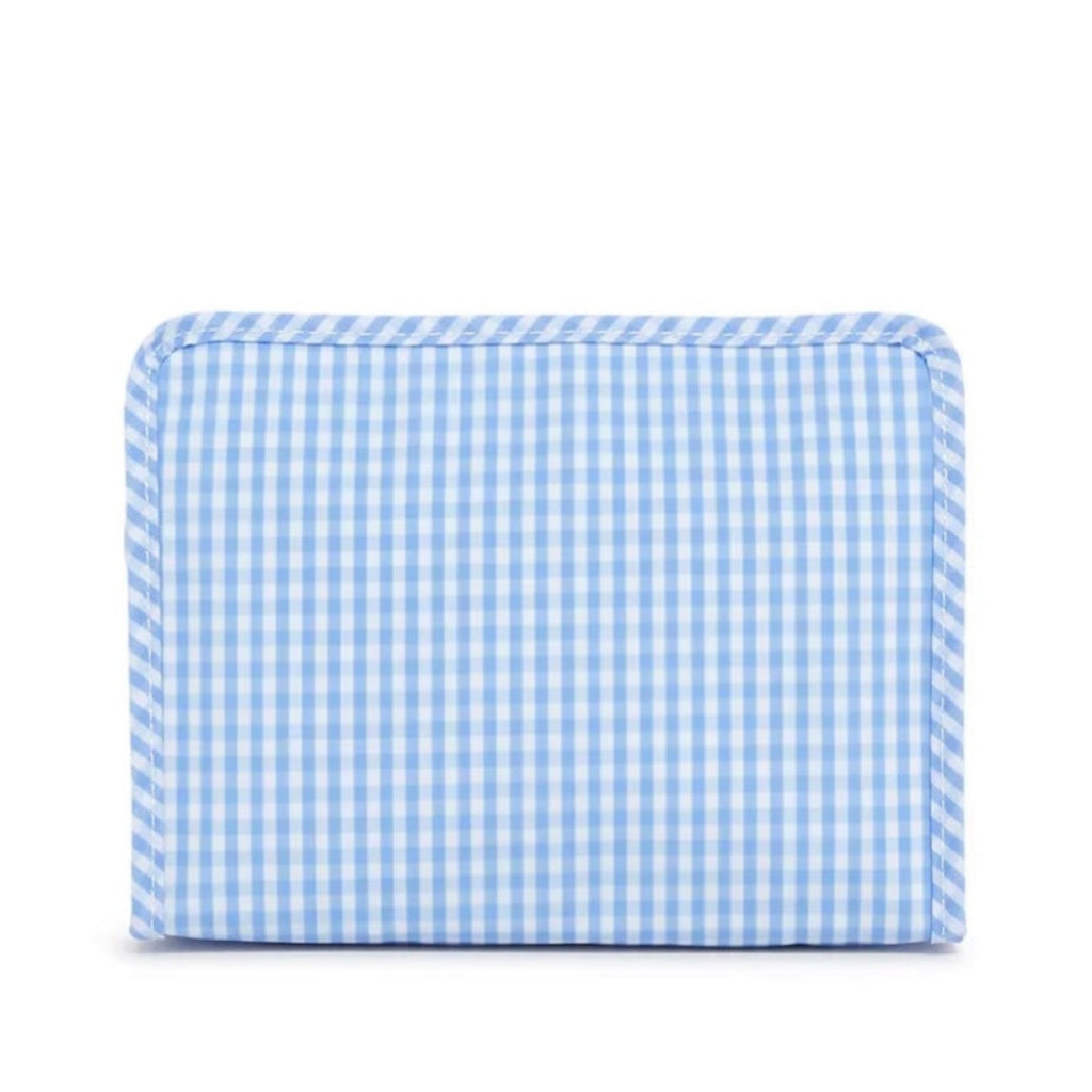 A light blue and white gingham checkered organizer travel bag.