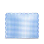A light blue and white gingham checkered organizer travel bag.