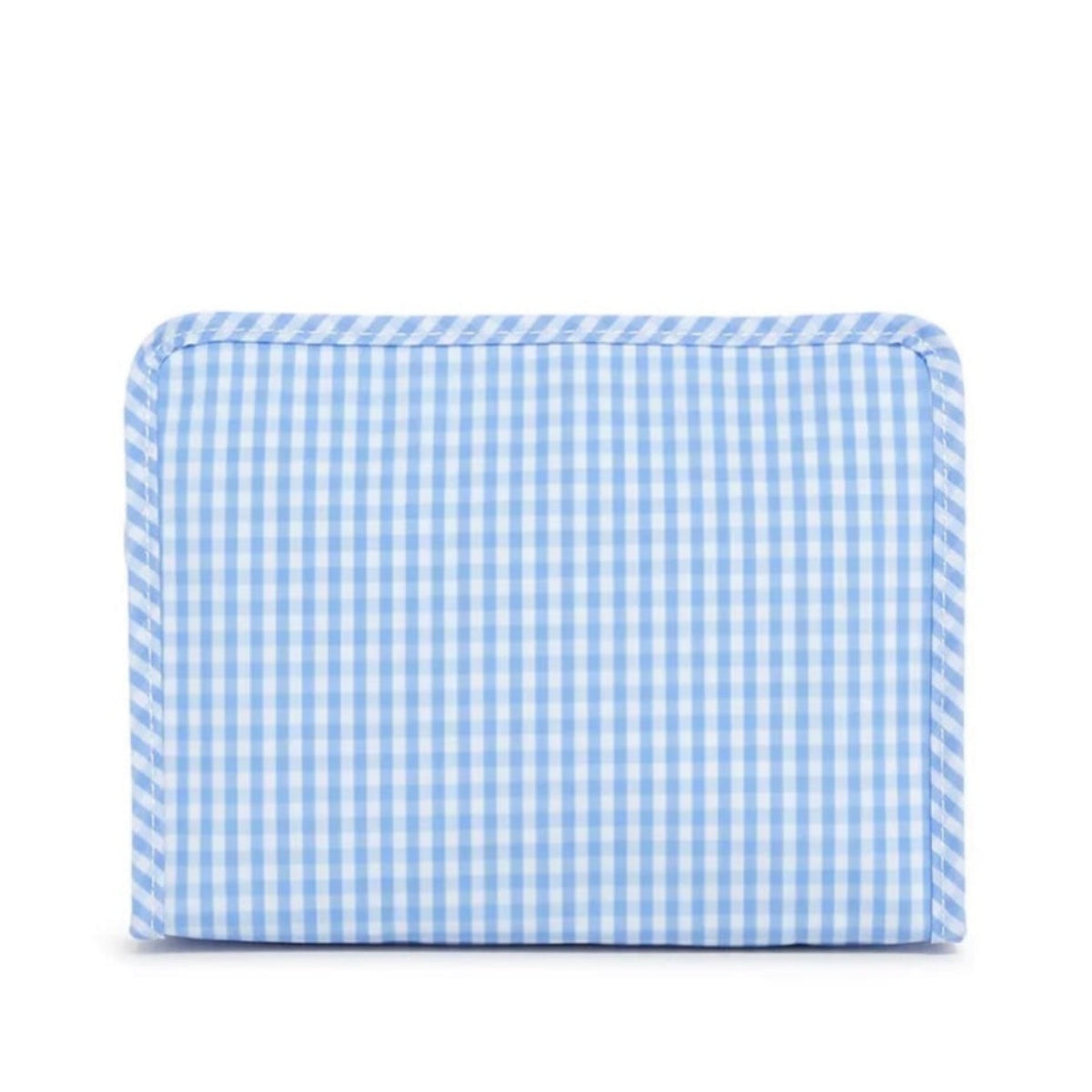 A light blue and white gingham checkered organizer travel bag.