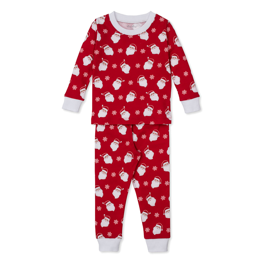 Red Pima cotton children’s Christmas pajamas two-piece set with long-sleeve top and pants featuring allover Santa face print.