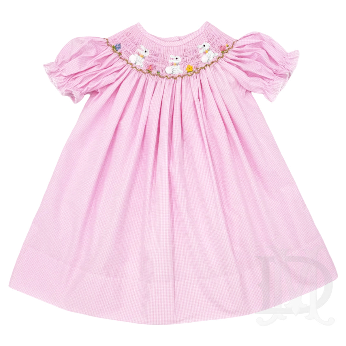 Pink gingham Easter dress with short puff sleeves and smocked white bunnies.