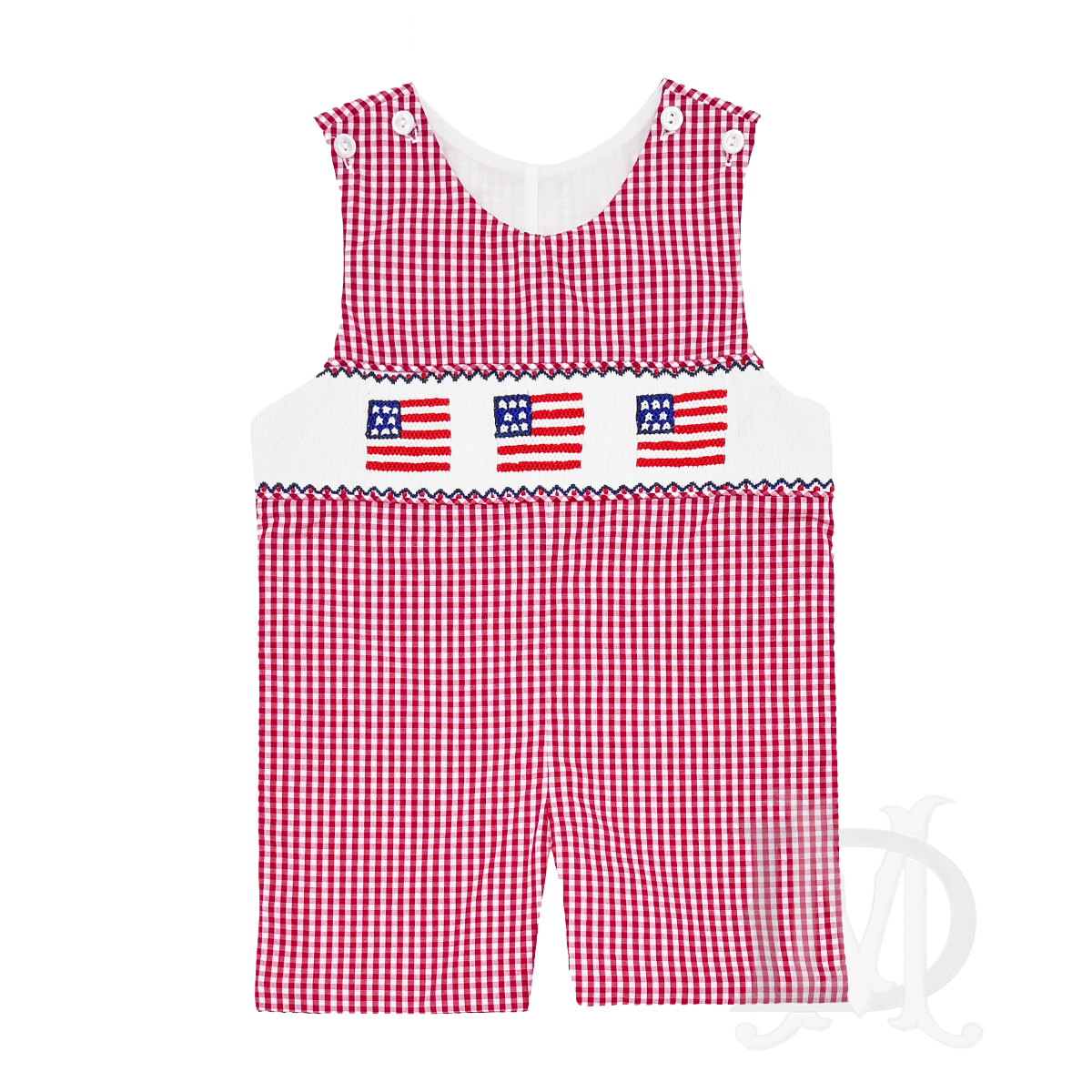 Red gingham boy's patriotic jon-jon with smocked American flags design.