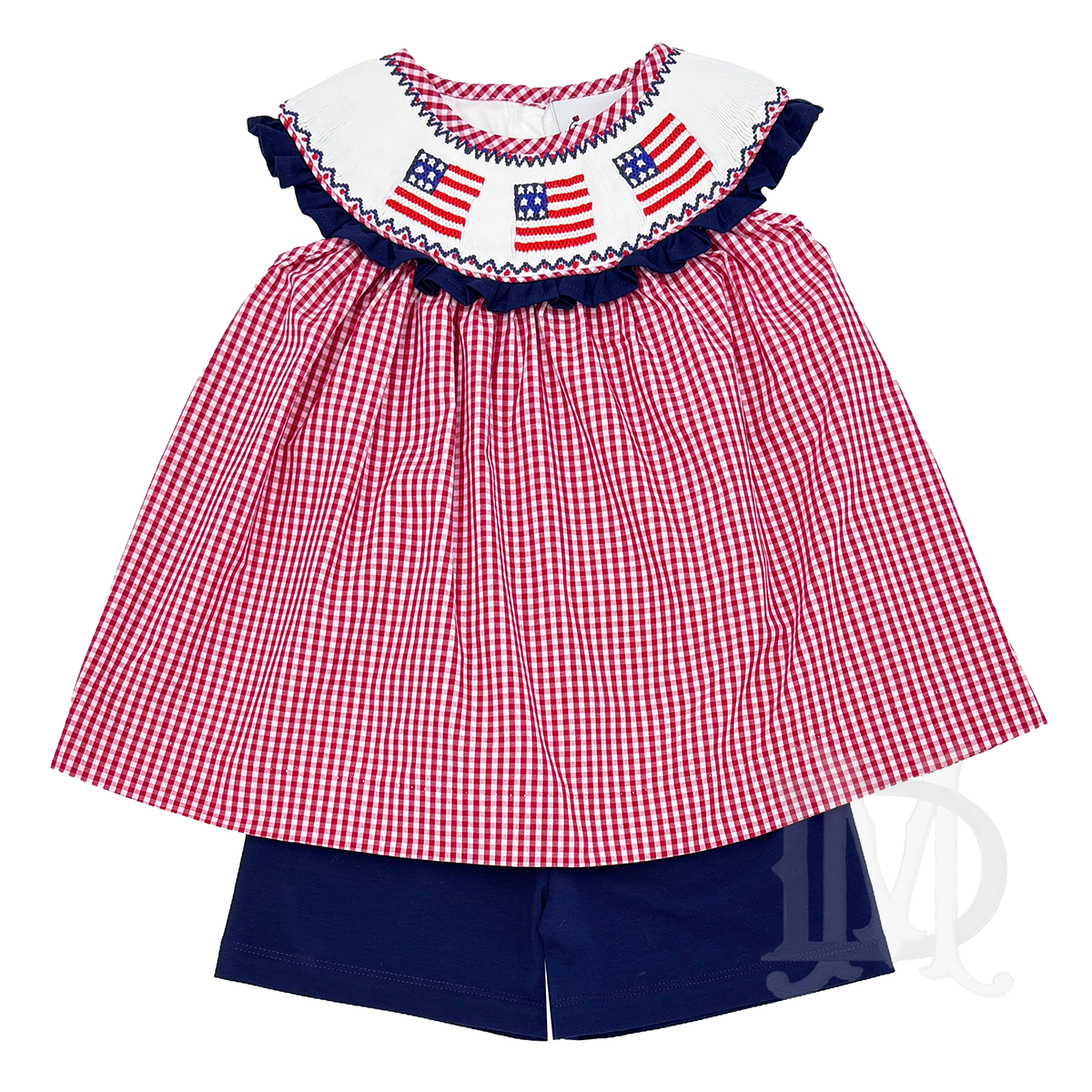 Girl's red, white, and blue check patriotic theme short set with smocked American flag design