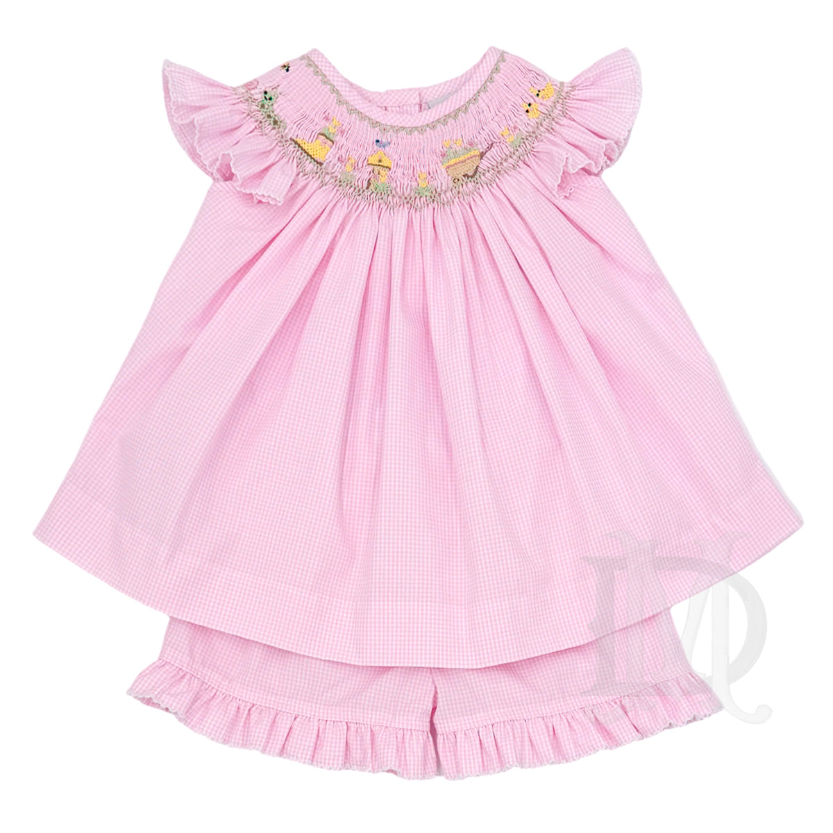 Girls pink gingham smocked garden short set with flutter sleeves and ruffles.