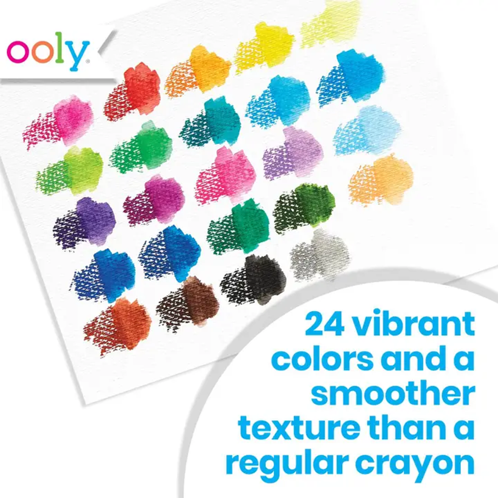 Set of colorful crayon textures with ooly branding and text about vibrant colors and texture.