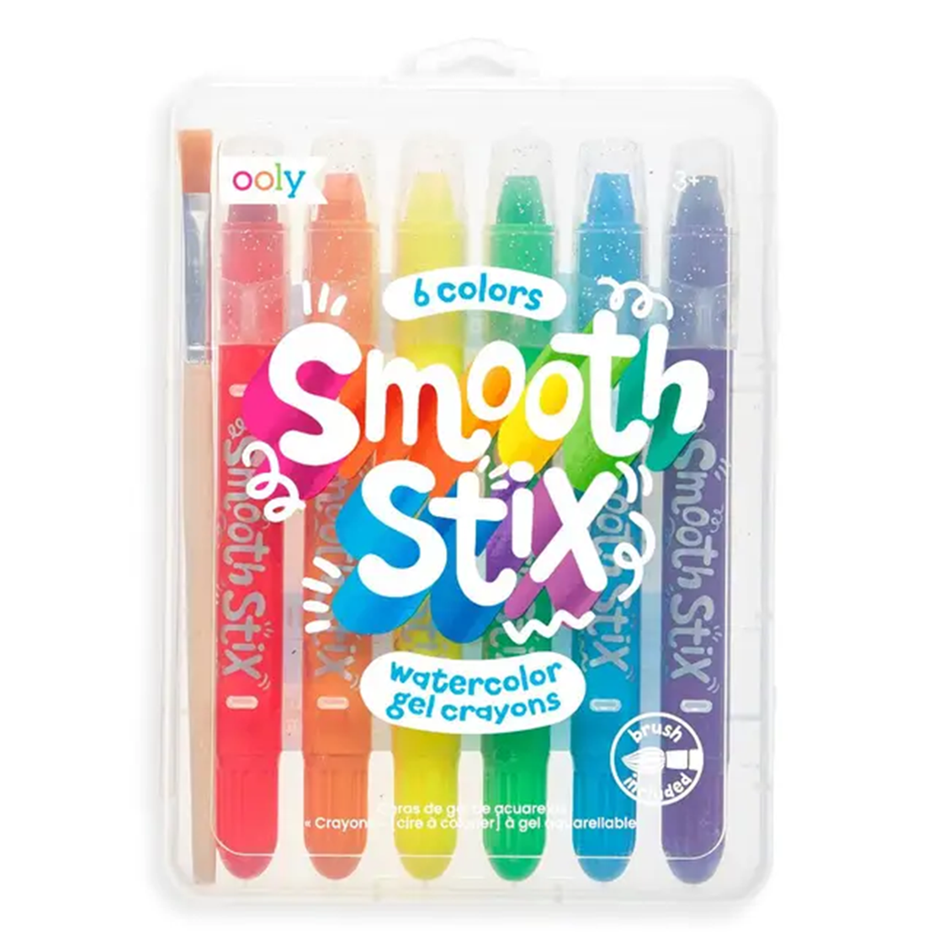 Set of six colorful watercolor gel crayons in a clear plastic case with 'Ooly' branding.