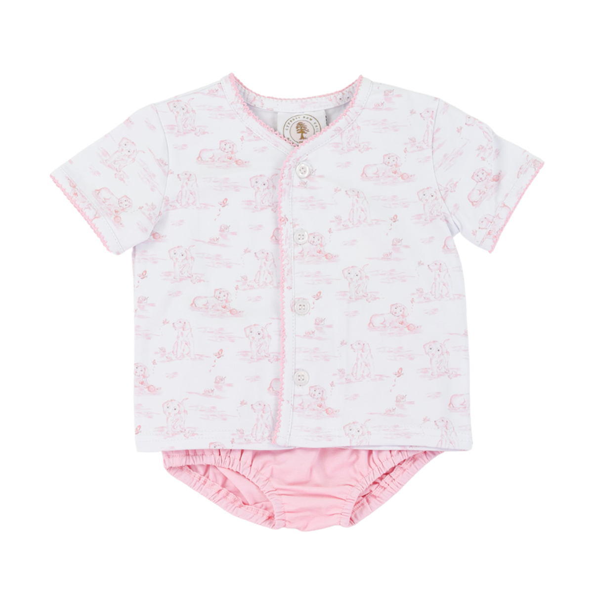 Pink toile puppy dog print diaper shirt with button down the front and pink knit bloomers.