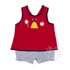 Red sleeveless top with Snow White applique design and blue windowpane checkered bloomers.