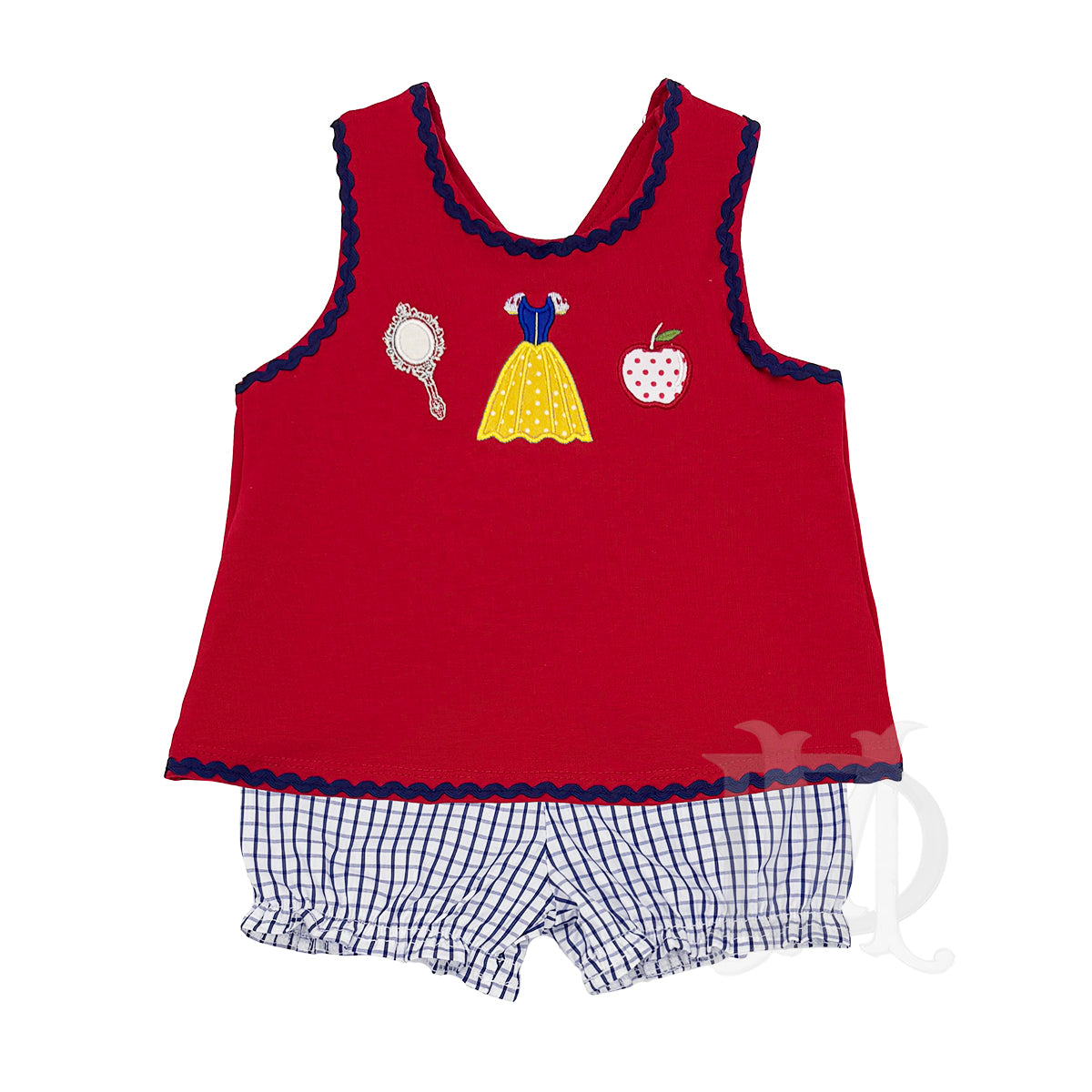 Red sleeveless top with Snow White applique design and blue windowpane checkered bloomers.