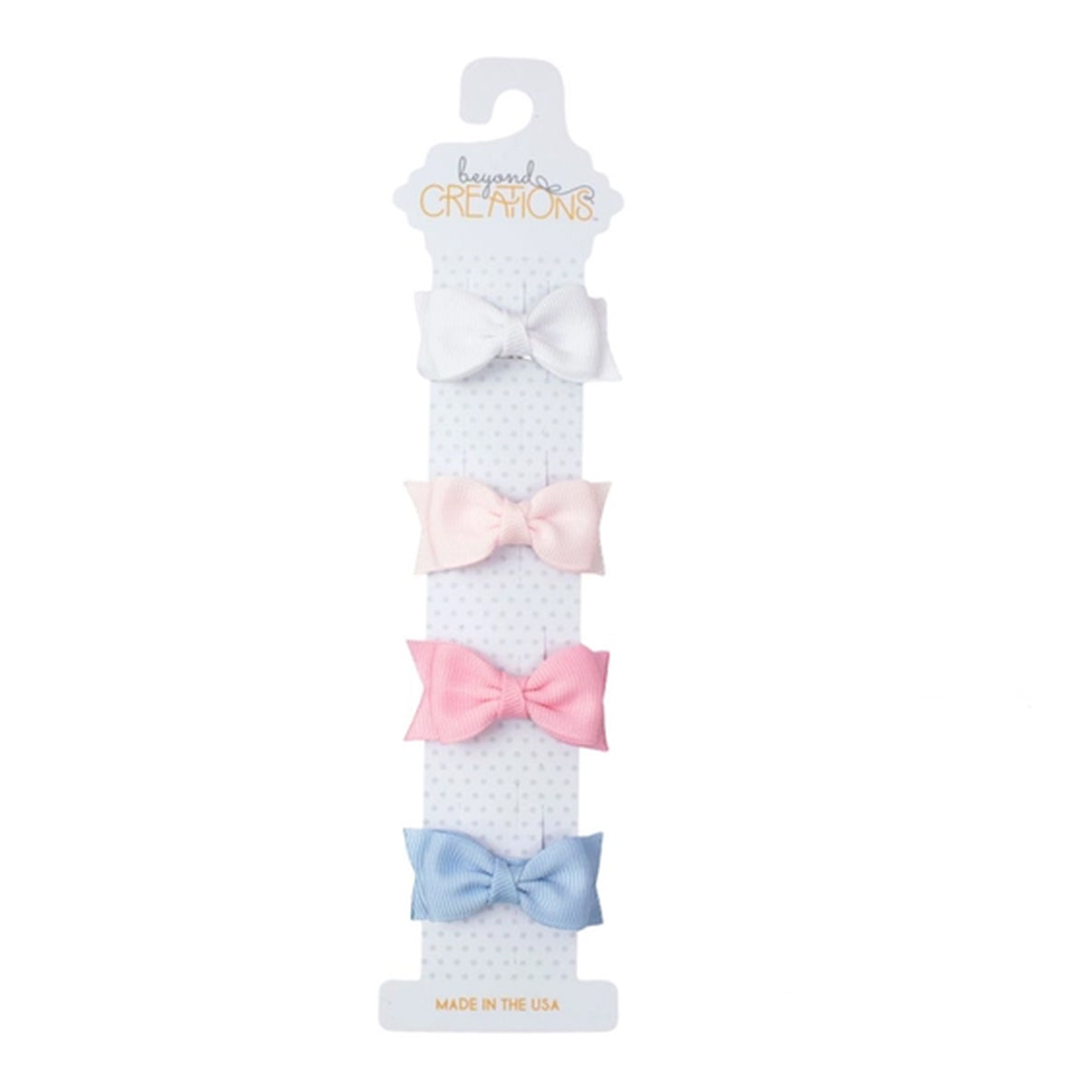 Set of 4 pastel-colored 2" grosgrain baby girl hair bows on a white card.