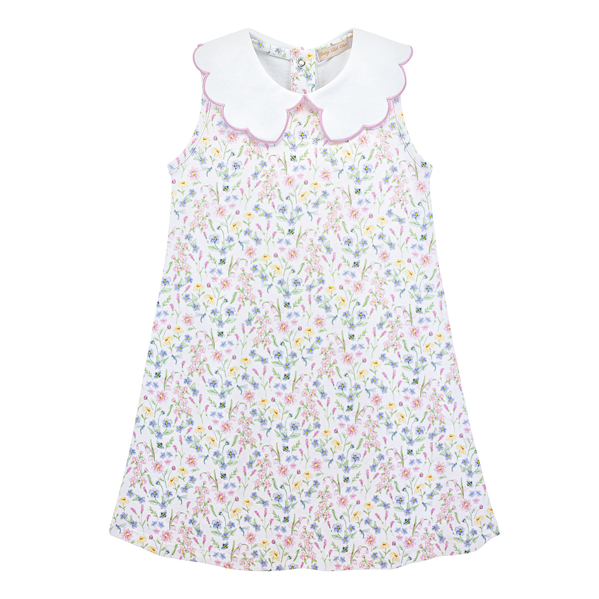 Little girl's sleeveless summer floral dress with a white scalloped collar and pink trim.
