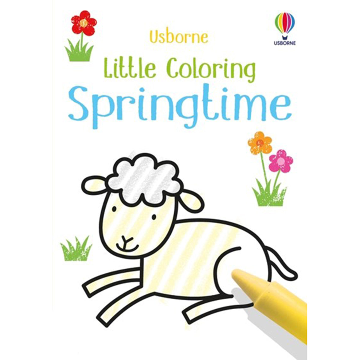 Coloring book cover for 'Little Coloring Springtime' by Usborne with a sheep illustration and flowers.