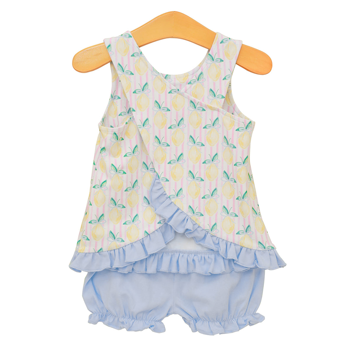 Back view of a toddler girl lemon print bloomer set with ruffled crossback design on a pink stripe top and blue bloomers.